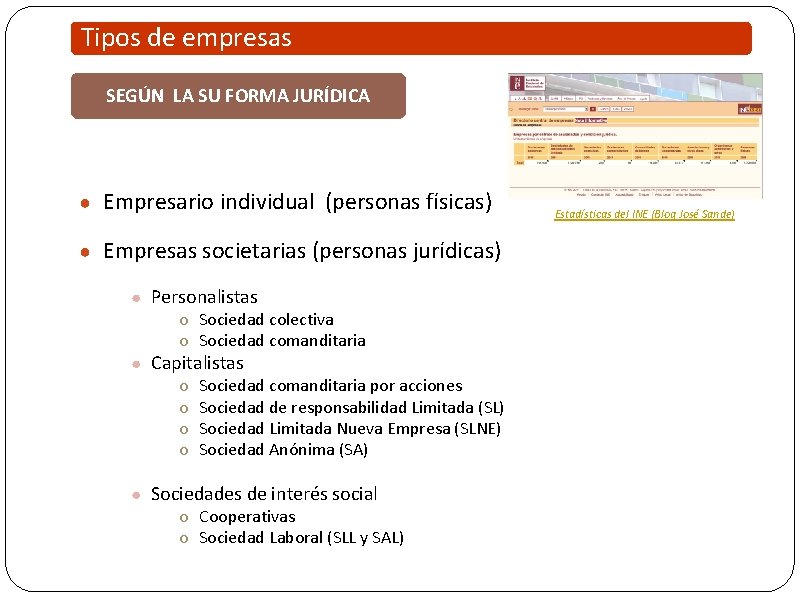 Tipos de empresas SEGÚN LA SU FORMA JURÍDICA ● Empresario individual (personas físicas) ●