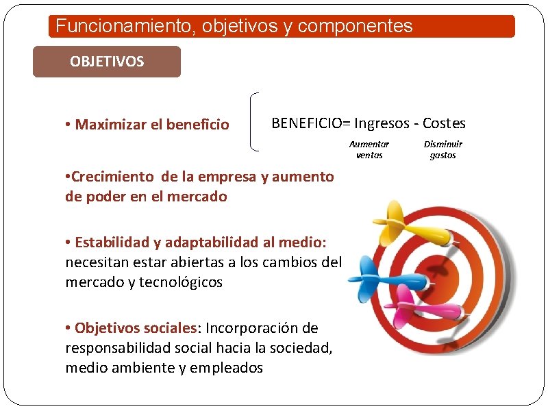 Funcionamiento, objetivos y componentes OBJETIVOS • Maximizar el beneficio BENEFICIO= Ingresos - Costes Aumentar