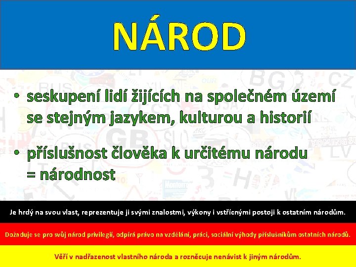 NÁROD • seskupení lidí žijících na společném území se stejným jazykem, kulturou a historií