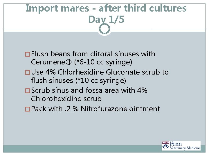 Import mares - after third cultures Day 1/5 � Flush beans from clitoral sinuses