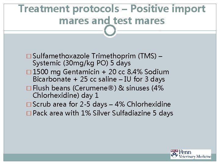 Treatment protocols – Positive import mares and test mares � Sulfamethoxazole Trimethoprim (TMS) –
