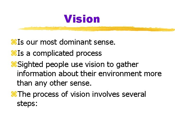 Vision z. Is our most dominant sense. z. Is a complicated process z. Sighted