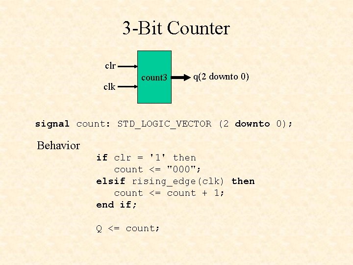 3 -Bit Counter clk count 3 q(2 downto 0) signal count: STD_LOGIC_VECTOR (2 downto