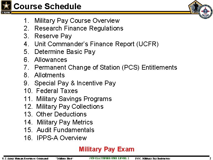 Course Schedule 1. Military Pay Course Overview 2. Research Finance Regulations 3. Reserve Pay