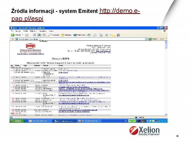 Źródła informacji - system Emitent http: //demo. e- pap. pl/espi 30 
