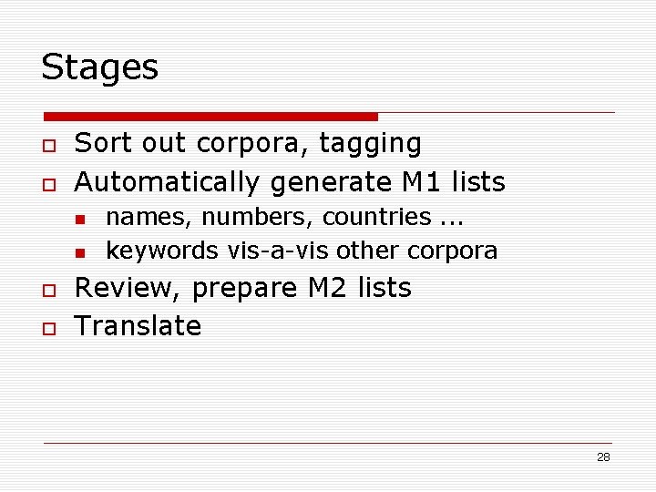Stages Sort out corpora, tagging Automatically generate M 1 lists names, numbers, countries. .