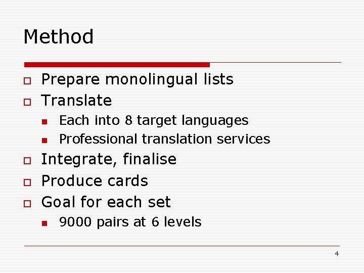 Method Prepare monolingual lists Translate Each into 8 target languages Professional translation services Integrate,