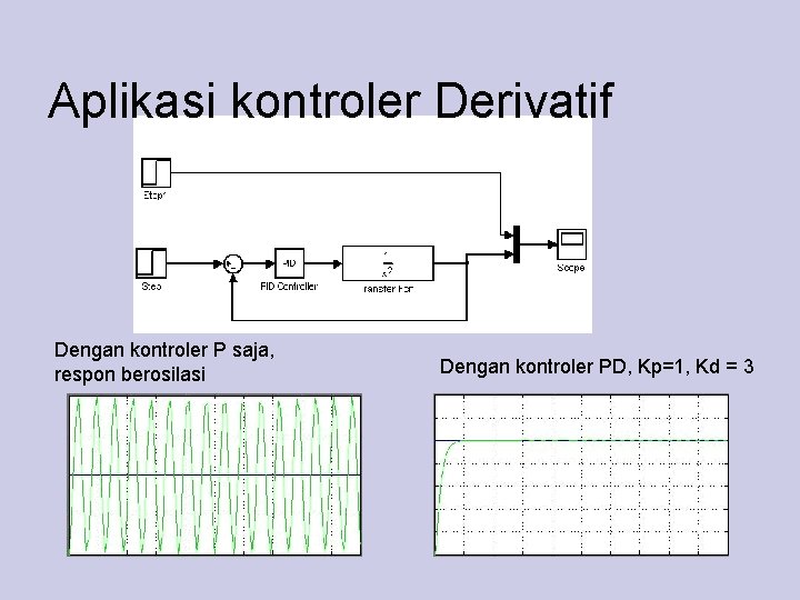 Aplikasi kontroler Derivatif Dengan kontroler P saja, respon berosilasi Dengan kontroler PD, Kp=1, Kd
