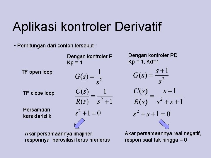 Aplikasi kontroler Derivatif • Perhitungan dari contoh tersebut : Dengan kontroler P Kp =