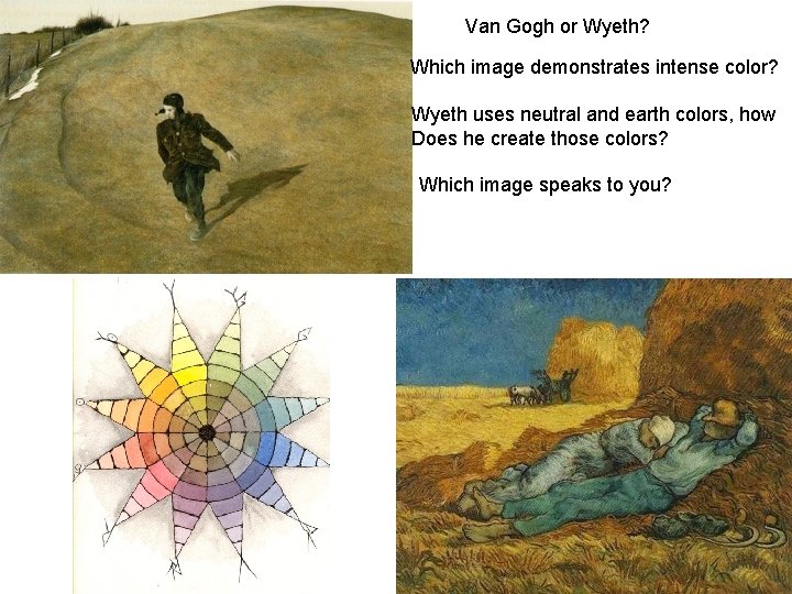 Van Gogh or Wyeth? Which image demonstrates intense color? Wyeth uses neutral and earth