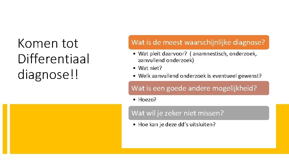 Komen tot Differentiaal diagnose!! Wat is de meest waarschijnlijke diagnose? • Wat pleit daarvoor?