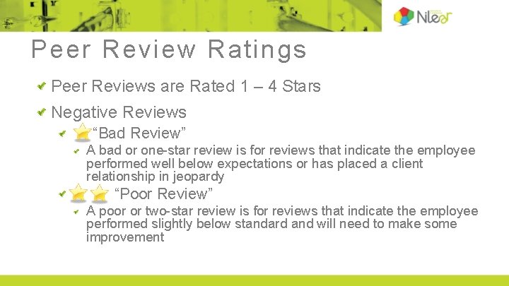 Peer Review Ratings Peer Reviews are Rated 1 – 4 Stars Negative Reviews “Bad