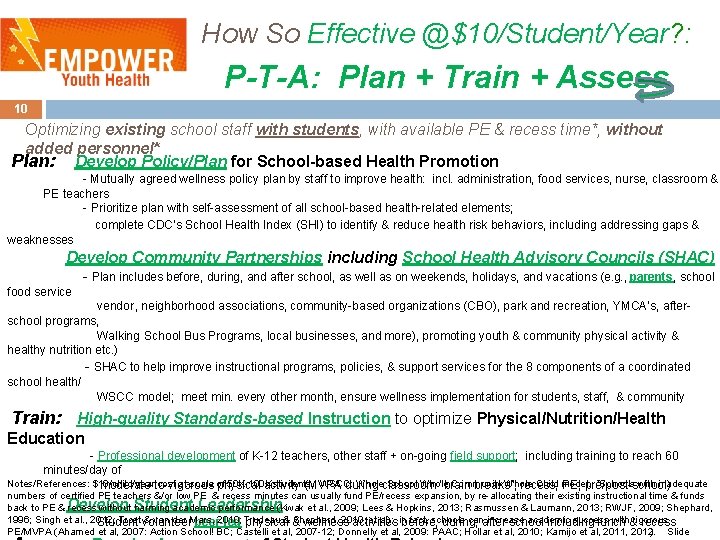 How So Effective @$10/Student/Year? : P-T-A: Plan + Train + Assess 10 Optimizing existing