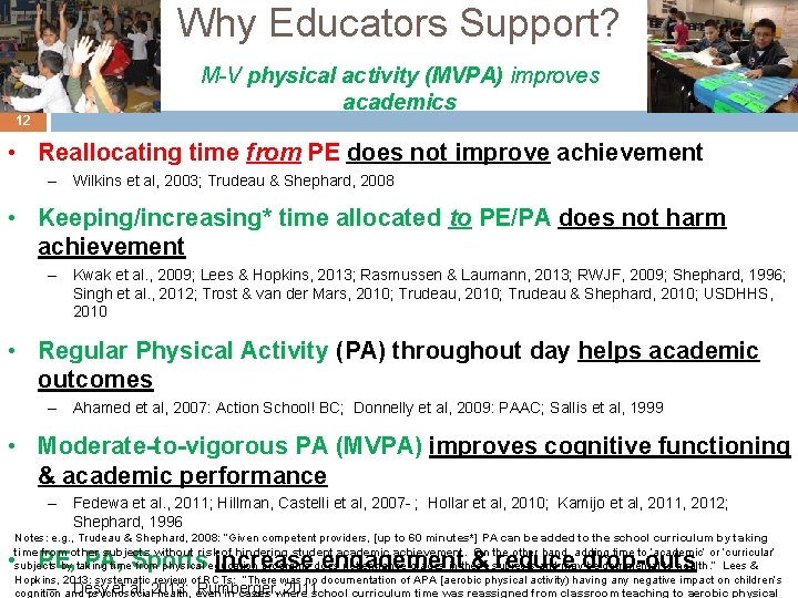 Why Educators Support? 12 M-V physical activity (MVPA) improves academics • Reallocating time from
