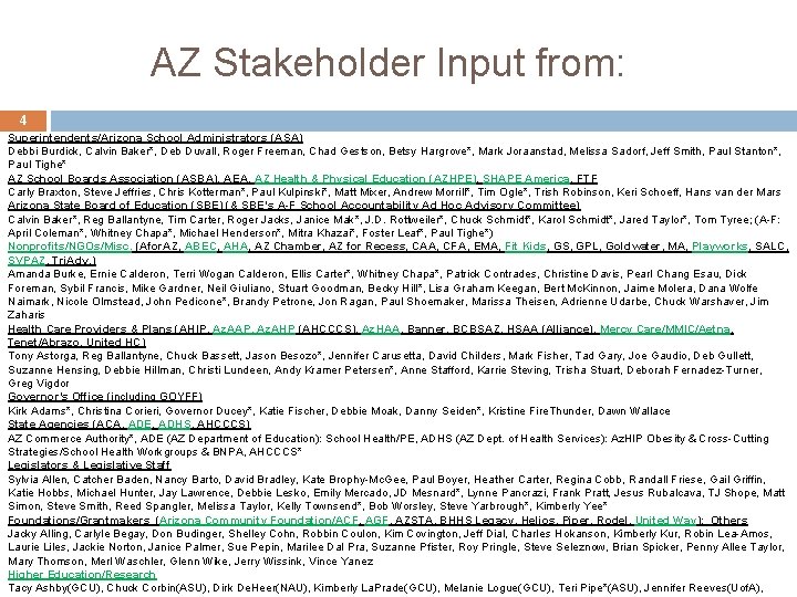 AZ Stakeholder Input from: 4 Superintendents/Arizona School Administrators (ASA) Debbi Burdick, Calvin Baker*, Deb