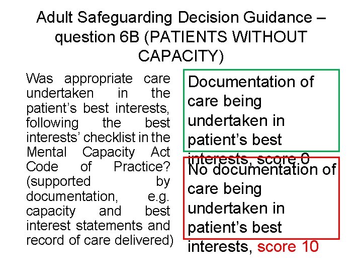Adult Safeguarding Decision Guidance – question 6 B (PATIENTS WITHOUT CAPACITY) Was appropriate care