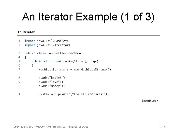 An Iterator Example (1 of 3) Copyright © 2008 Pearson Addison-Wesley. All rights reserved