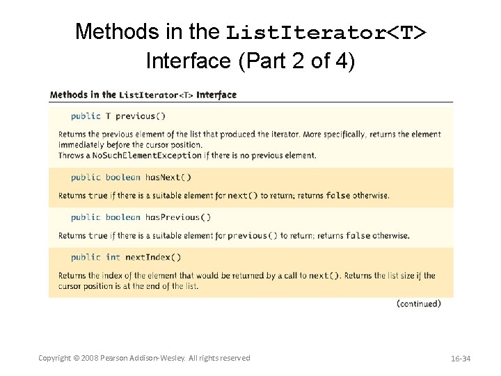Methods in the List. Iterator<T> Interface (Part 2 of 4) Copyright © 2008 Pearson