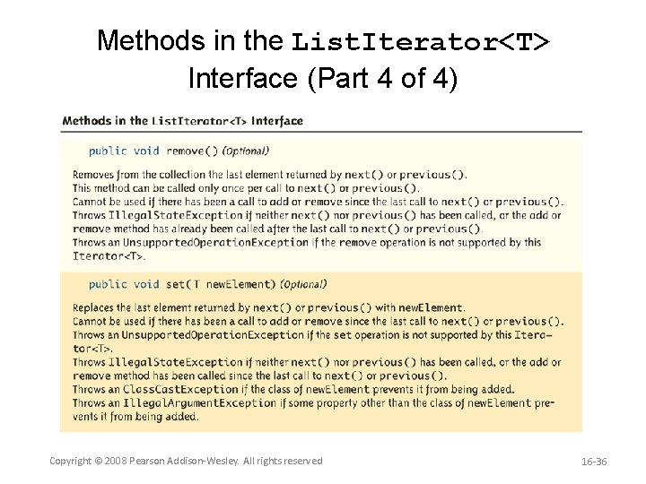 Methods in the List. Iterator<T> Interface (Part 4 of 4) Copyright © 2008 Pearson