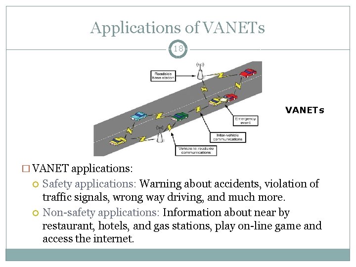 Applications of VANETs 18 VANETs � VANET applications: Safety applications: Warning about accidents, violation