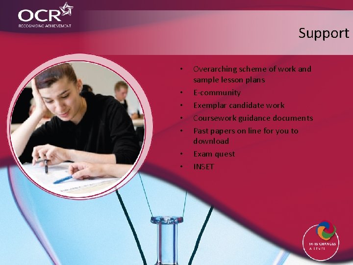 Support • • Overarching scheme of work and sample lesson plans E-community Exemplar candidate