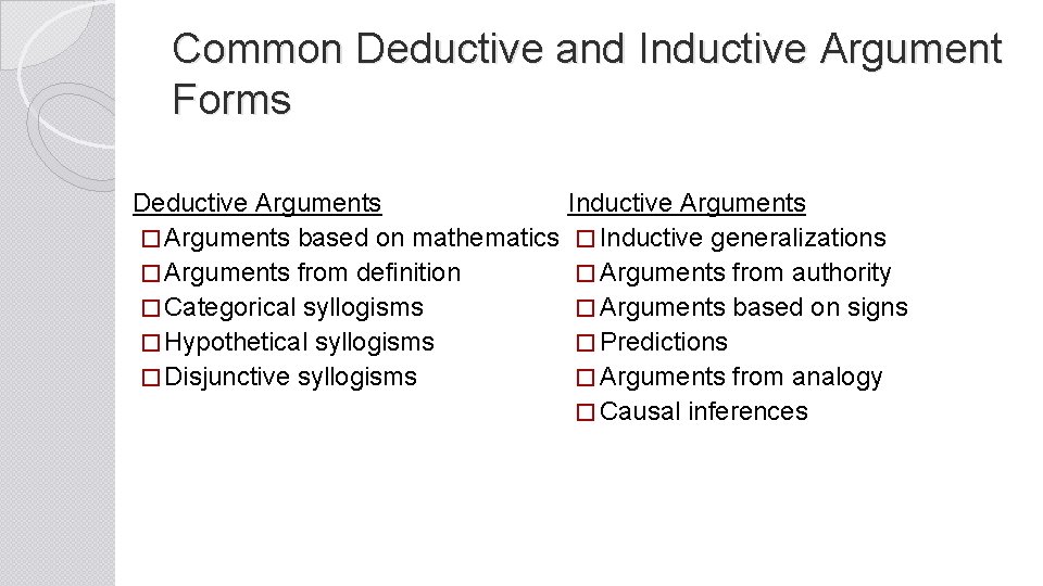 Common Deductive and Inductive Argument Forms Deductive Arguments � Arguments based on mathematics �