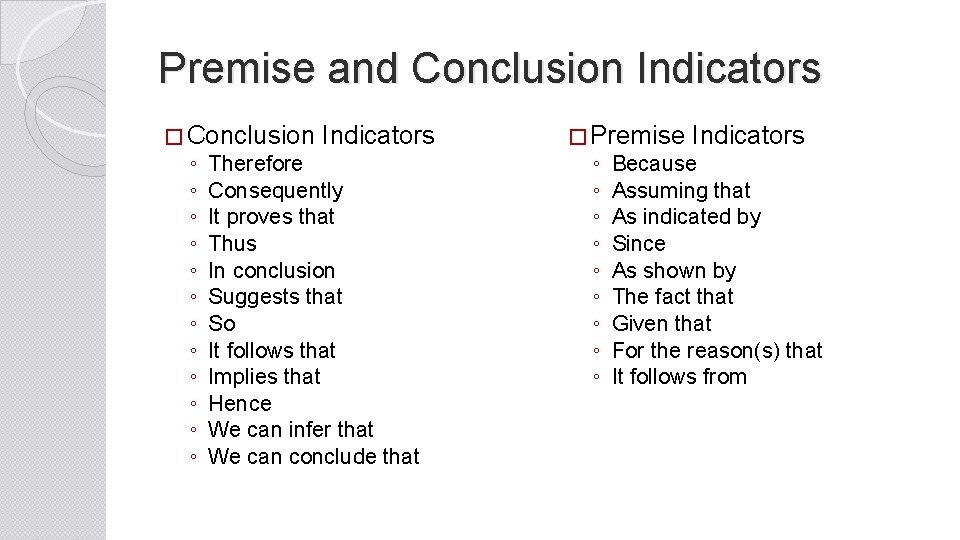 Premise and Conclusion Indicators � Conclusion Indicators ◦ Therefore ◦ Consequently ◦ It proves