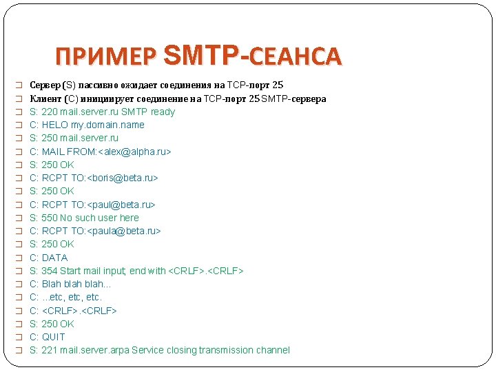 ПРИМЕР SMTP-СЕАНСА � Сервер (S) пассивно ожидает соединения на TCP-порт 25 � Клиент (C) ПРИМЕР SMTP-СЕАНСА � Сервер (S) пассивно ожидает соединения на TCP-порт 25 � Клиент (C)
