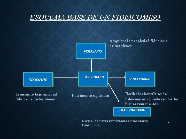 ESQUEMA BASE DE UN FIDEICOMISO Adquiere la propiedad fiduciaria de los bienes FIDUCIARIO FIDUCIANTE