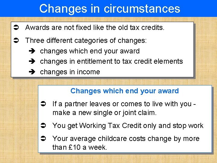Changes in circumstances Ü Awards are not fixed like the old tax credits. Ü