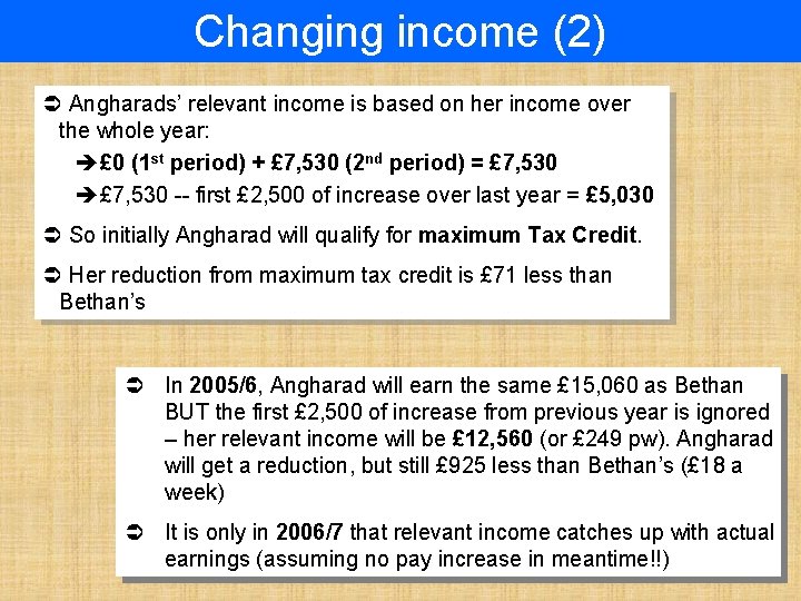 Changing income (2) Ü Angharads’ relevant income is based on her income over the