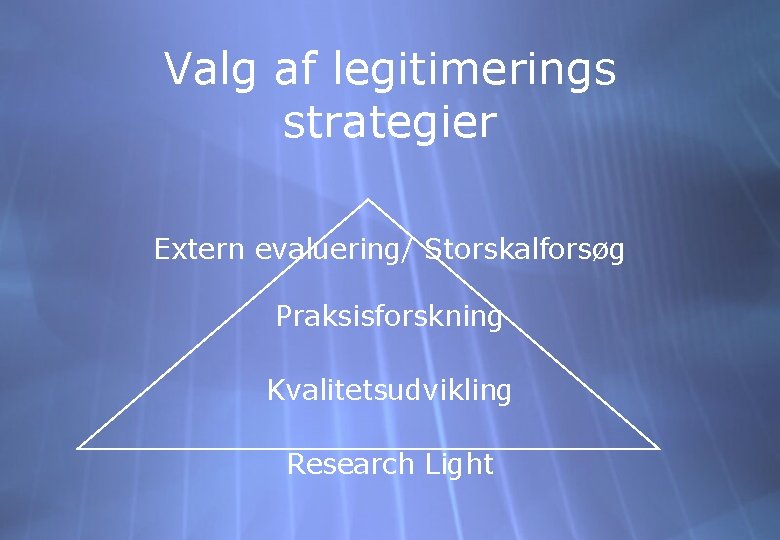 Valg af legitimerings strategier Extern evaluering/ Storskalforsøg Praksisforskning Kvalitetsudvikling Research Light 