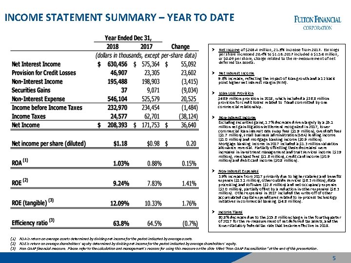 INCOME STATEMENT SUMMARY – YEAR TO DATE Ø Net Income of $208. 4 million;