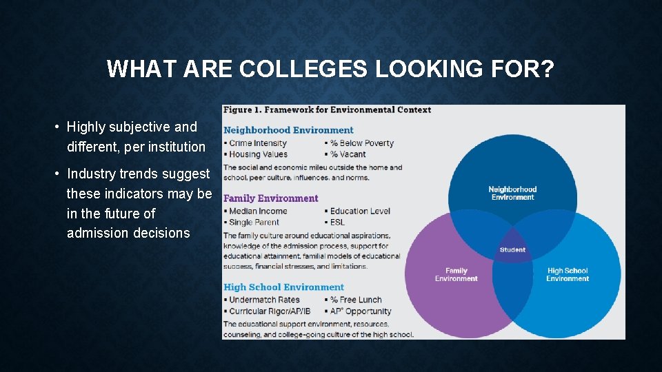 WHAT ARE COLLEGES LOOKING FOR? • Highly subjective and different, per institution • Industry
