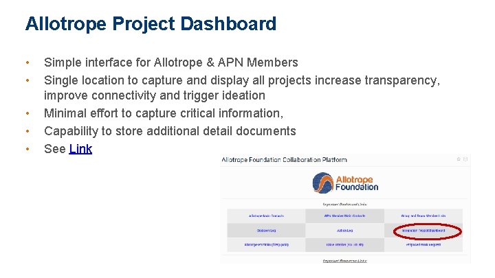 Allotrope Project Dashboard • • • Simple interface for Allotrope & APN Members Single