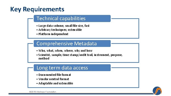 Key Requirements Technical capabilities • Large data volume, small file size, fast • Arbitrary