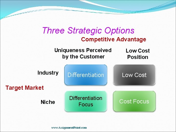 Three Strategic Options Competitive Advantage Uniqueness Perceived by the Customer Industry Low Cost Position