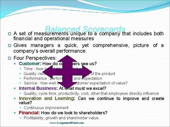 Balanced Scorecards A set of measurements unique to a company that includes both financial