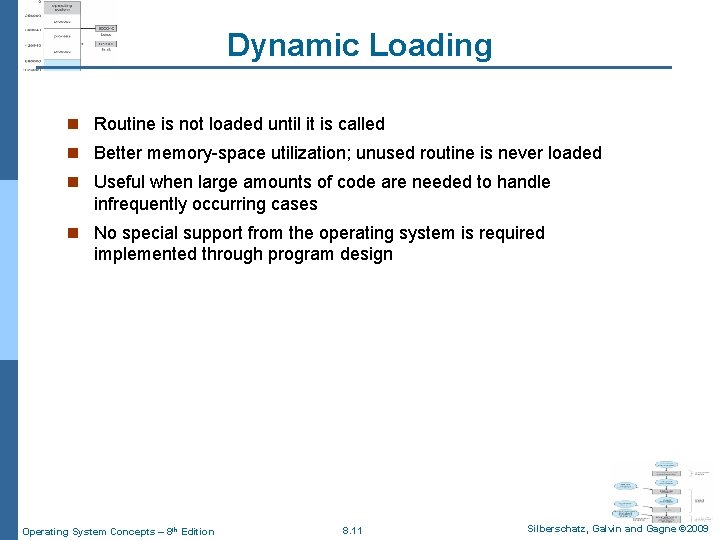 Dynamic Loading n Routine is not loaded until it is called n Better memory-space