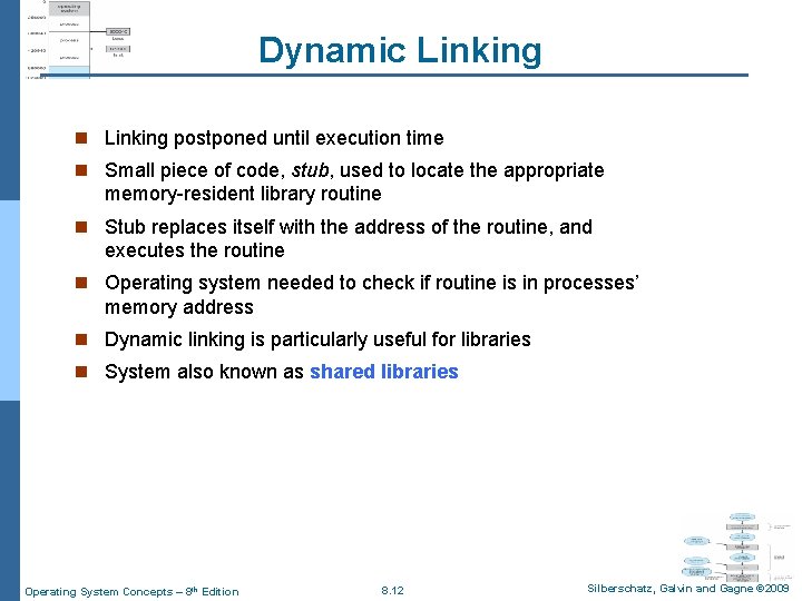 Dynamic Linking n Linking postponed until execution time n Small piece of code, stub,