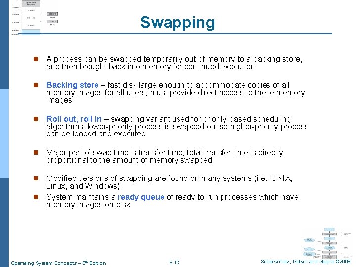 Swapping n A process can be swapped temporarily out of memory to a backing