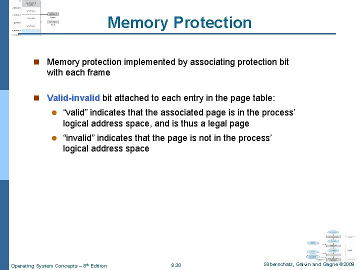 Memory Protection n Memory protection implemented by associating protection bit with each frame n