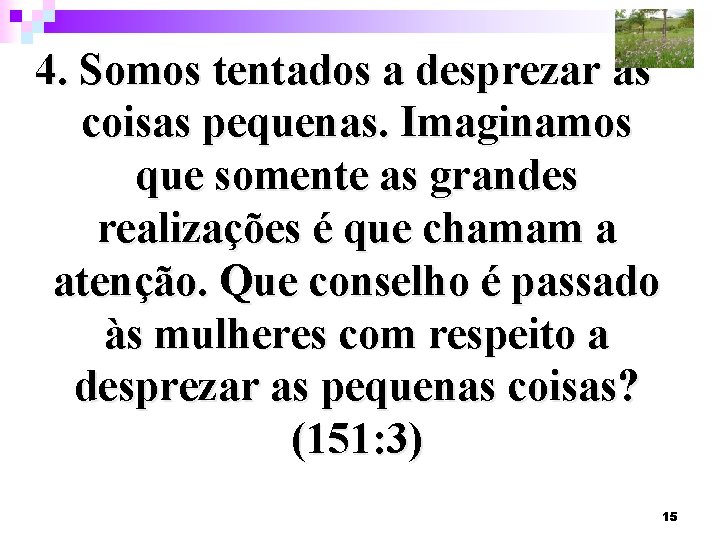 4. Somos tentados a desprezar as coisas pequenas. Imaginamos que somente as grandes realizações