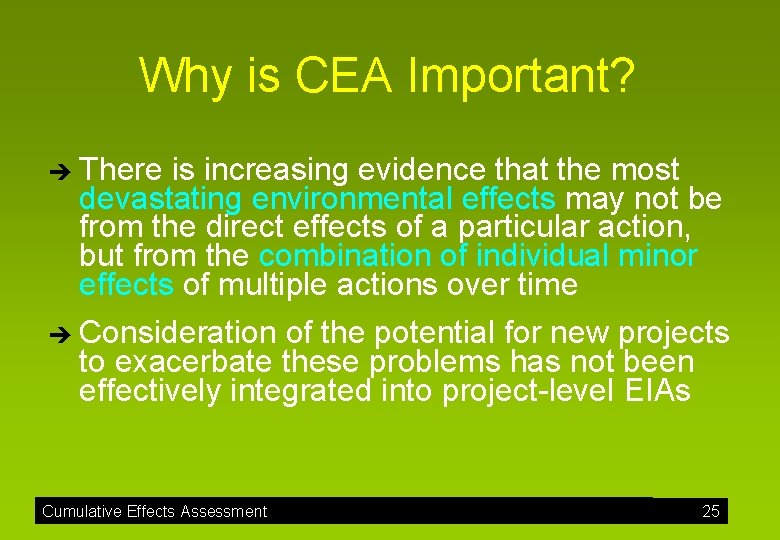 Why is CEA Important? There is increasing evidence that the most devastating environmental effects