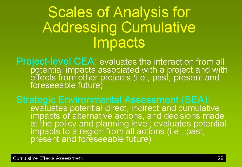 Scales of Analysis for Addressing Cumulative Impacts Project-level CEA: evaluates the interaction from all