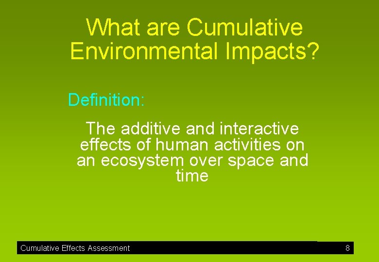 What are Cumulative Environmental Impacts? Definition: The additive and interactive effects of human activities