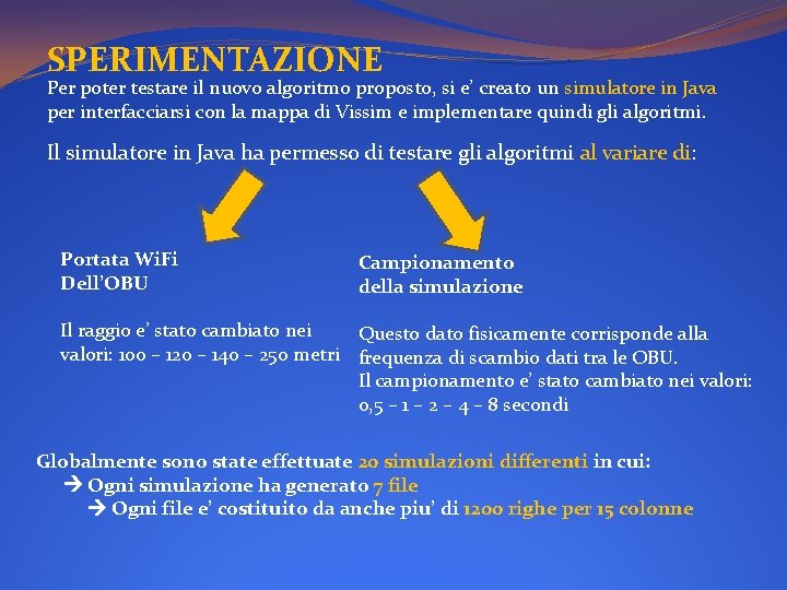 SPERIMENTAZIONE Per poter testare il nuovo algoritmo proposto, si e’ creato un simulatore in