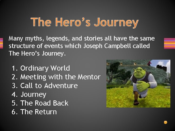 The Hero’s Journey Many myths, legends, and stories all have the same structure of