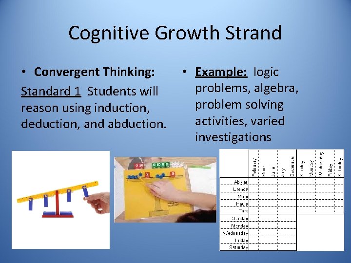 Cognitive Growth Strand • Convergent Thinking: Standard 1 Students will reason using induction, deduction,