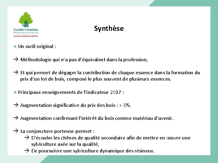 Synthèse ● Un outil original : Méthodologie qui n’a pas d’équivalent dans la profession,